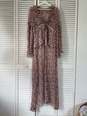 Anna Sui Floral Tie-Front Chiffon Maxi Dress in Coral and Cream